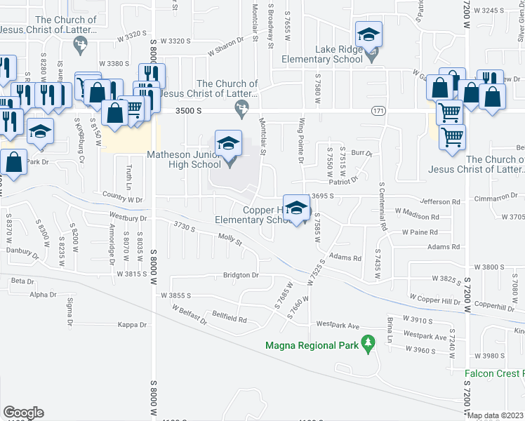 map of restaurants, bars, coffee shops, grocery stores, and more near 7720 West 3735 South in Magna