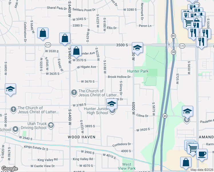 map of restaurants, bars, coffee shops, grocery stores, and more near 3691 South Deann Drive in West Valley City