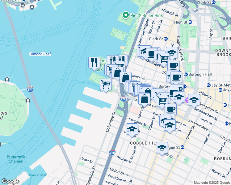 map of restaurants, bars, coffee shops, grocery stores, and more near 70 Atlantic Avenue in Brooklyn