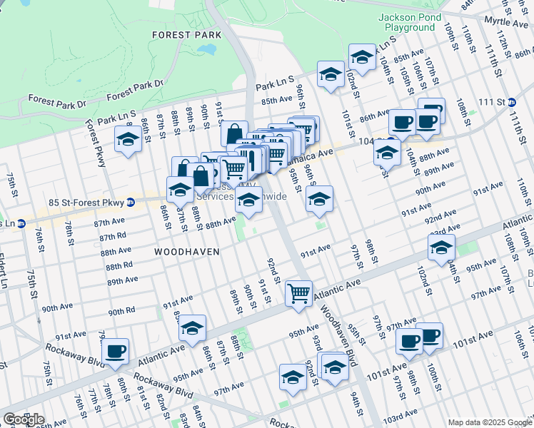 map of restaurants, bars, coffee shops, grocery stores, and more near 87-64 94th Street in Queens