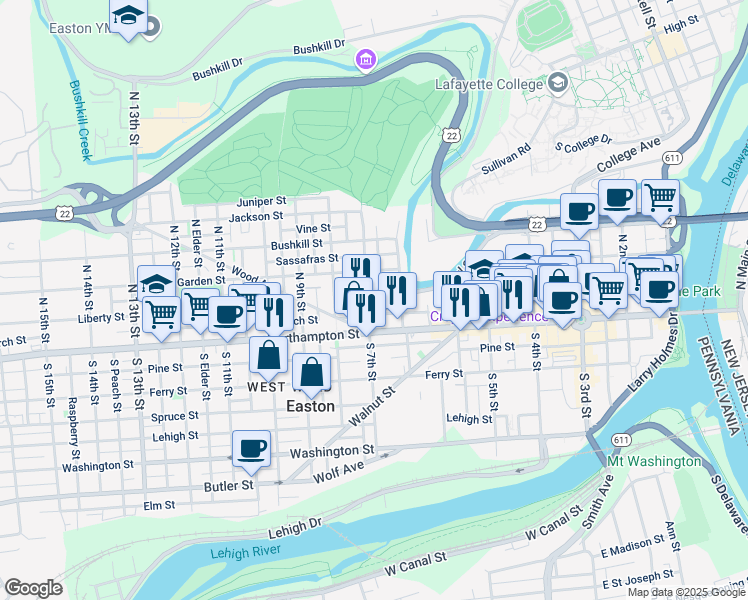 map of restaurants, bars, coffee shops, grocery stores, and more near 679 Pearl Street in Easton