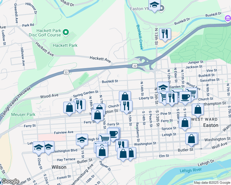 map of restaurants, bars, coffee shops, grocery stores, and more near 1546 Spring Garden Street in Easton
