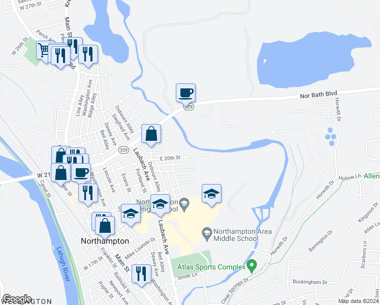 map of restaurants, bars, coffee shops, grocery stores, and more near 649 East 20th Street in Northampton