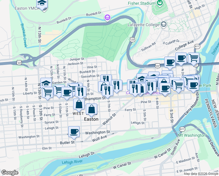 map of restaurants, bars, coffee shops, grocery stores, and more near 679 Pearl Street in Easton