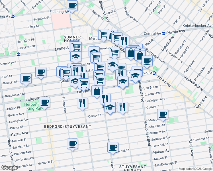 map of restaurants, bars, coffee shops, grocery stores, and more near 143 Lewis Avenue in Brooklyn