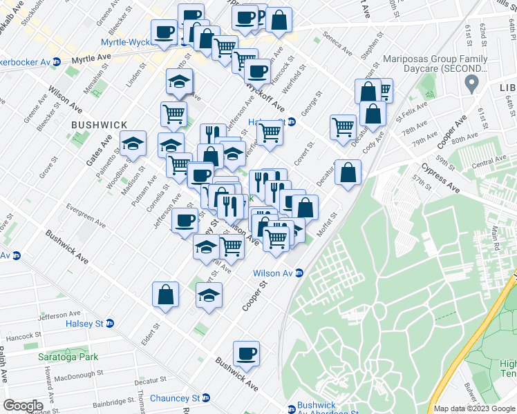 map of restaurants, bars, coffee shops, grocery stores, and more near 830 Knickerbocker Avenue in Brooklyn