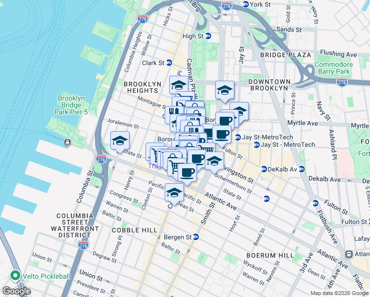 map of restaurants, bars, coffee shops, grocery stores, and more near 67 Livingston Street in Brooklyn