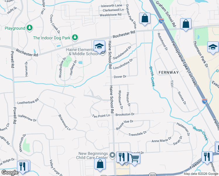 map of restaurants, bars, coffee shops, grocery stores, and more near 1553 Haine School Road in Cranberry Township