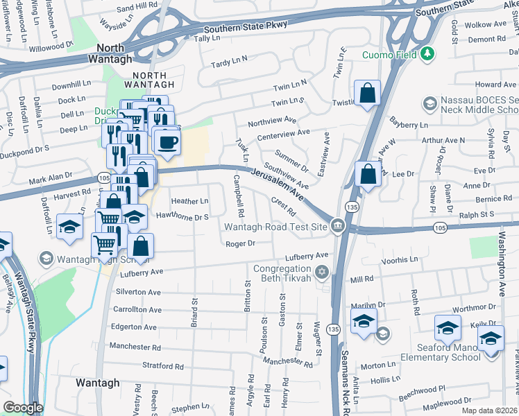 map of restaurants, bars, coffee shops, grocery stores, and more near 1269 Pleasant Road in Wantagh