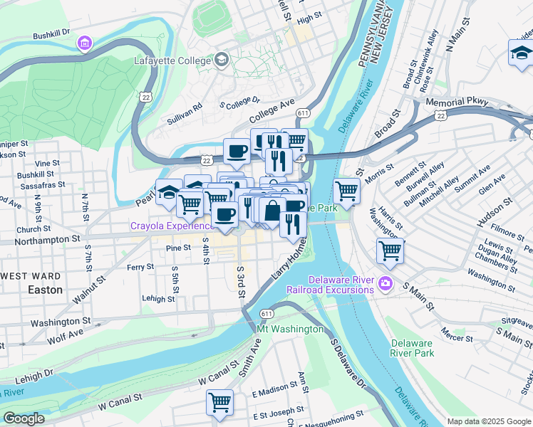 map of restaurants, bars, coffee shops, grocery stores, and more near 22 North 2nd Street in Easton