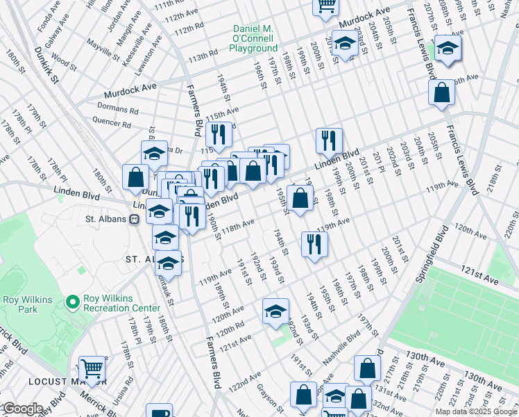 map of restaurants, bars, coffee shops, grocery stores, and more near 117-31 193rd Street in Queens