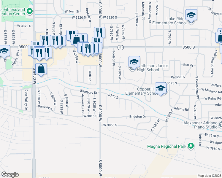 map of restaurants, bars, coffee shops, grocery stores, and more near 3703 Shotgun Circle in Magna