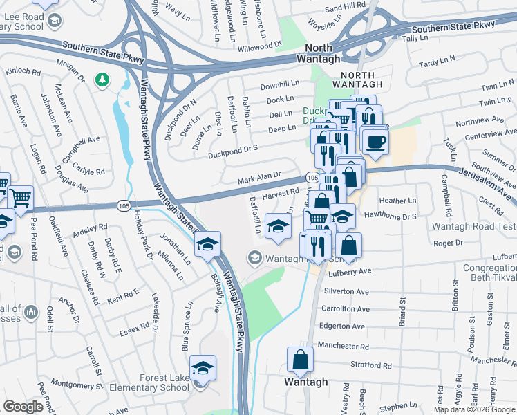 map of restaurants, bars, coffee shops, grocery stores, and more near 1222 Daffodil Lane in Wantagh