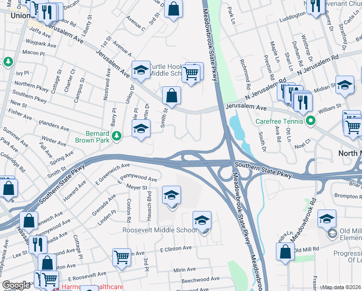 map of restaurants, bars, coffee shops, grocery stores, and more near 1076 Northgate Court South in Uniondale