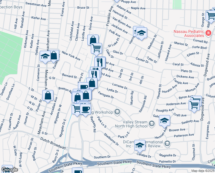 map of restaurants, bars, coffee shops, grocery stores, and more near 1089 Lorraine Drive in Franklin Square