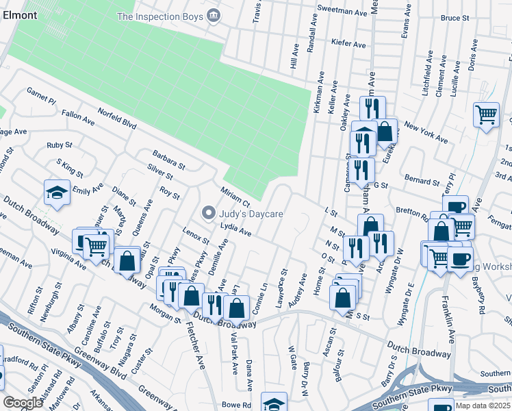 map of restaurants, bars, coffee shops, grocery stores, and more near 1580 Miriam Court in Elmont
