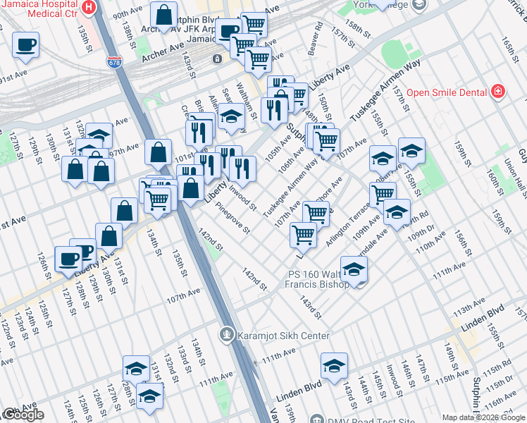 map of restaurants, bars, coffee shops, grocery stores, and more near 145-02 106th Avenue in Queens