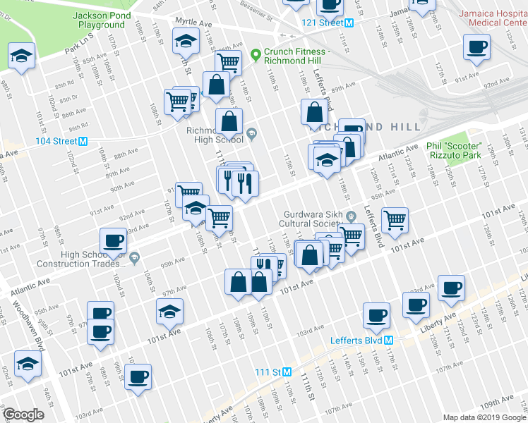 map of restaurants, bars, coffee shops, grocery stores, and more near 94-16 113th Street in Queens