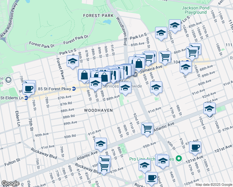 map of restaurants, bars, coffee shops, grocery stores, and more near 87-29 90th Street in Queens