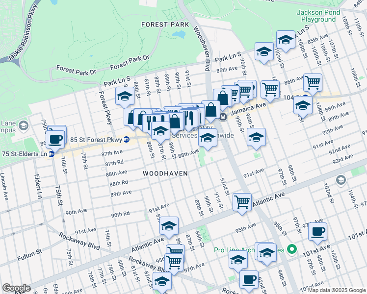 map of restaurants, bars, coffee shops, grocery stores, and more near 87-14 88th Street in Queens