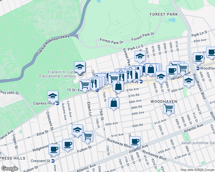 map of restaurants, bars, coffee shops, grocery stores, and more near 77-07 Jamaica Avenue in Queens