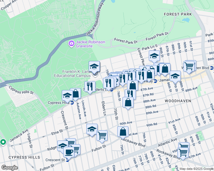 map of restaurants, bars, coffee shops, grocery stores, and more near 25 Dexter Court in Queens