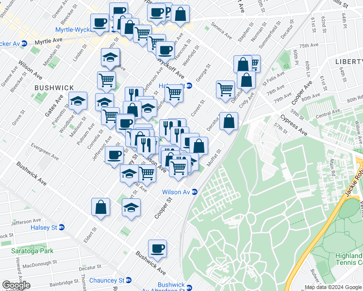 map of restaurants, bars, coffee shops, grocery stores, and more near 830 Knickerbocker Avenue in Brooklyn