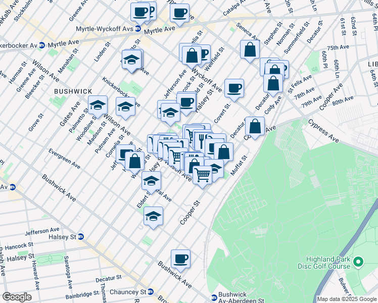 map of restaurants, bars, coffee shops, grocery stores, and more near 830 Knickerbocker Avenue in Brooklyn