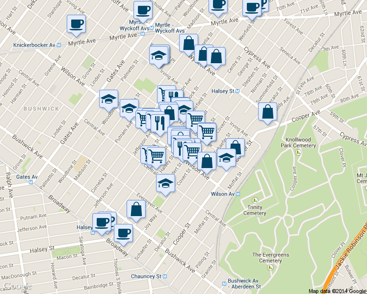 map of restaurants, bars, coffee shops, grocery stores, and more near 567 Wilson Avenue in Brooklyn