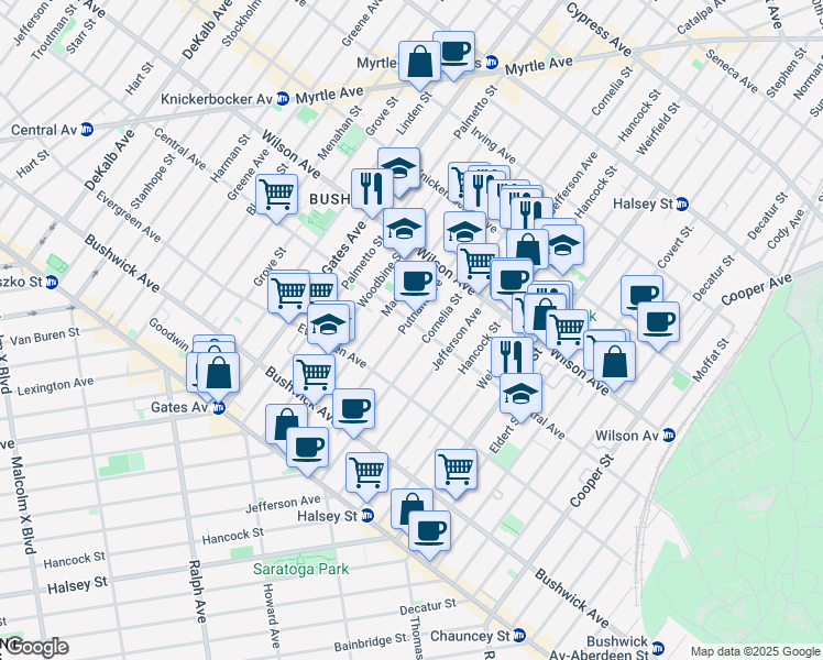 map of restaurants, bars, coffee shops, grocery stores, and more near 461 Central Avenue in Brooklyn