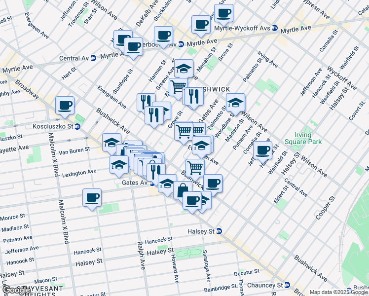 map of restaurants, bars, coffee shops, grocery stores, and more near 1179 Gates Avenue in Brooklyn