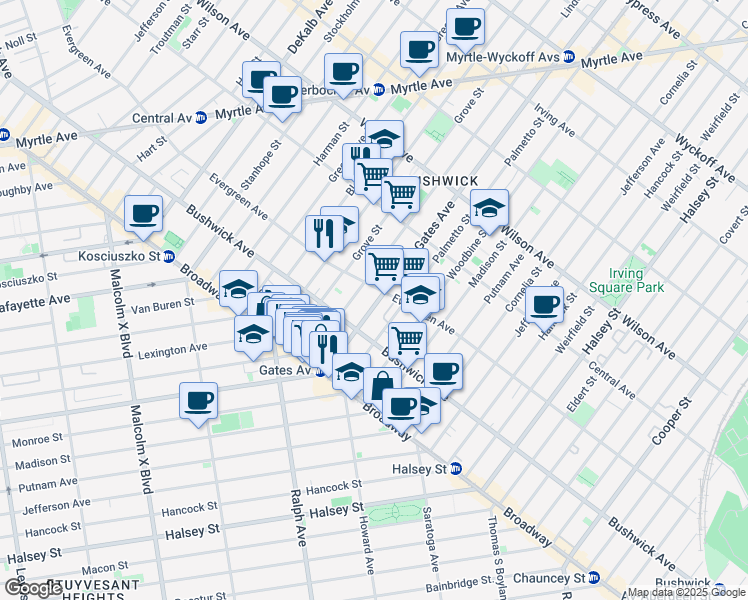 map of restaurants, bars, coffee shops, grocery stores, and more near 1179 Gates Avenue in Brooklyn
