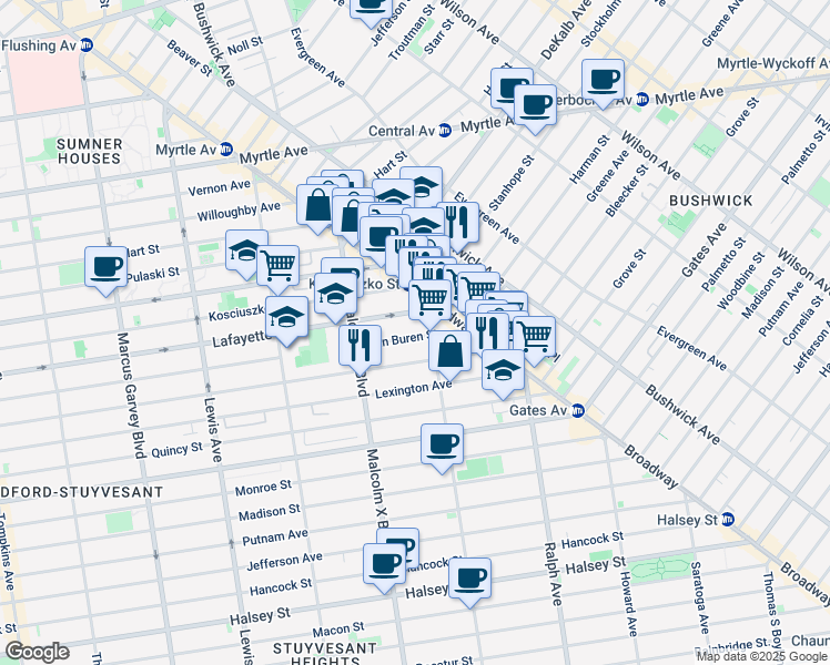 map of restaurants, bars, coffee shops, grocery stores, and more near 495 Van Buren Street in Brooklyn