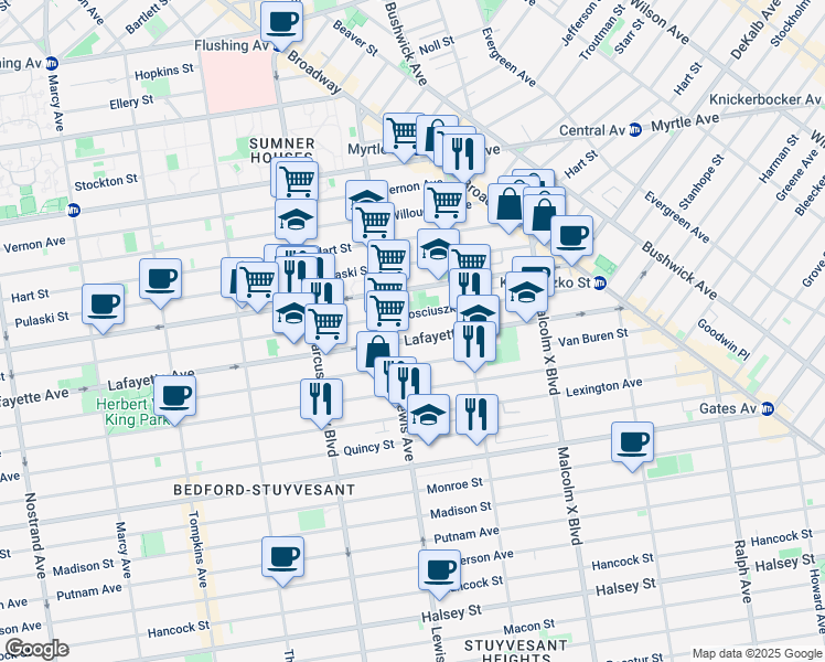 map of restaurants, bars, coffee shops, grocery stores, and more near 143 Lewis Avenue in Brooklyn