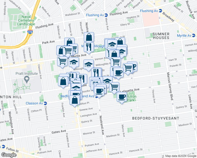 map of restaurants, bars, coffee shops, grocery stores, and more near 207 Nostrand Avenue in Brooklyn