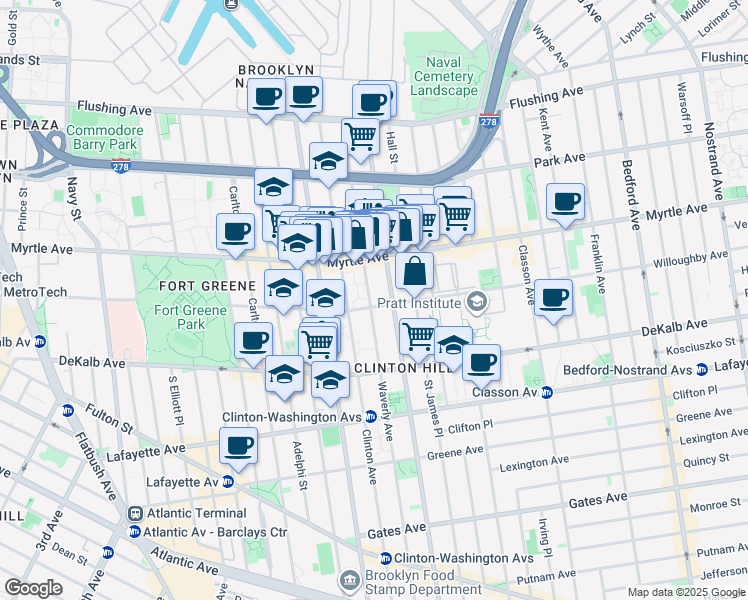 map of restaurants, bars, coffee shops, grocery stores, and more near 200 Waverly Avenue in Brooklyn