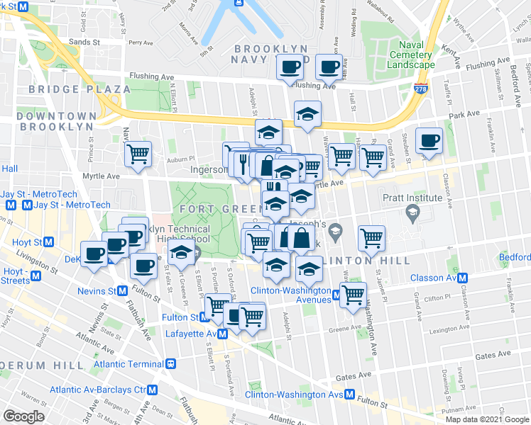 map of restaurants, bars, coffee shops, grocery stores, and more near 191 Carlton Avenue in Brooklyn