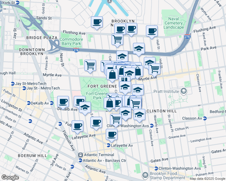 map of restaurants, bars, coffee shops, grocery stores, and more near 191 Carlton Avenue in Brooklyn