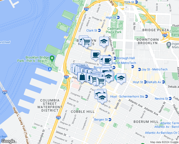 map of restaurants, bars, coffee shops, grocery stores, and more near 38 Sidney Place in Brooklyn