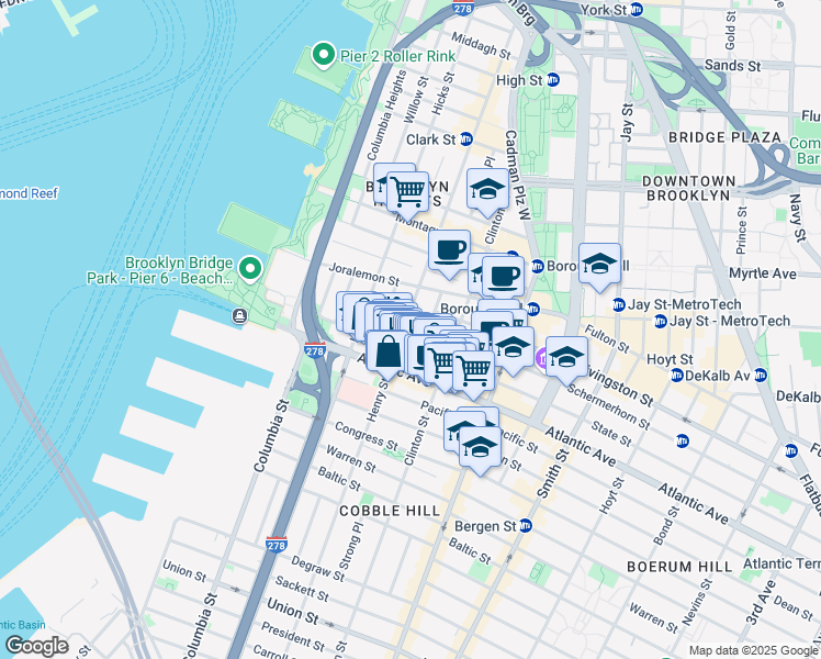 map of restaurants, bars, coffee shops, grocery stores, and more near 38 Sidney Place in Brooklyn