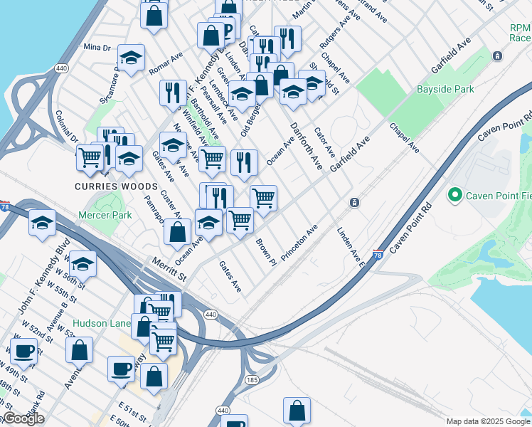map of restaurants, bars, coffee shops, grocery stores, and more near 64 Winfield Avenue in Jersey City