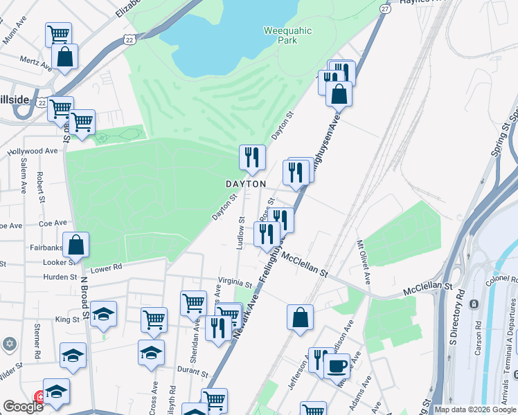map of restaurants, bars, coffee shops, grocery stores, and more near 72-74 Hanford Street in Newark