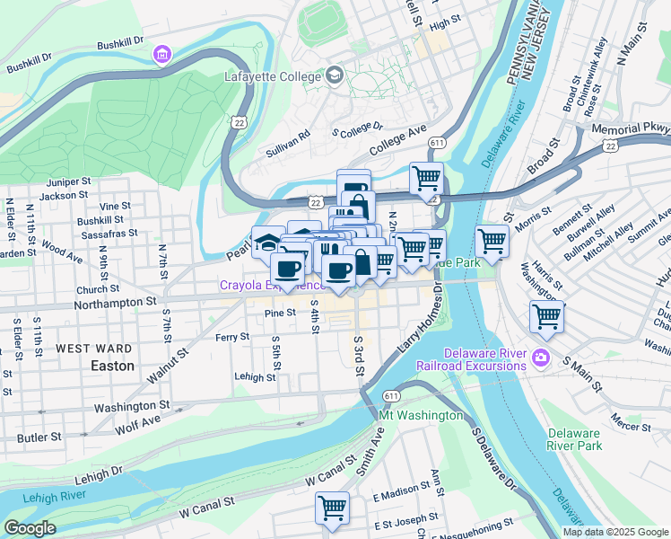 map of restaurants, bars, coffee shops, grocery stores, and more near 24 North 3rd Street in Easton