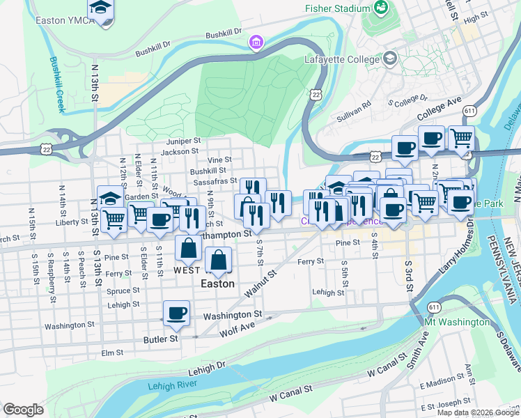 map of restaurants, bars, coffee shops, grocery stores, and more near 679 Pearl Street in Easton