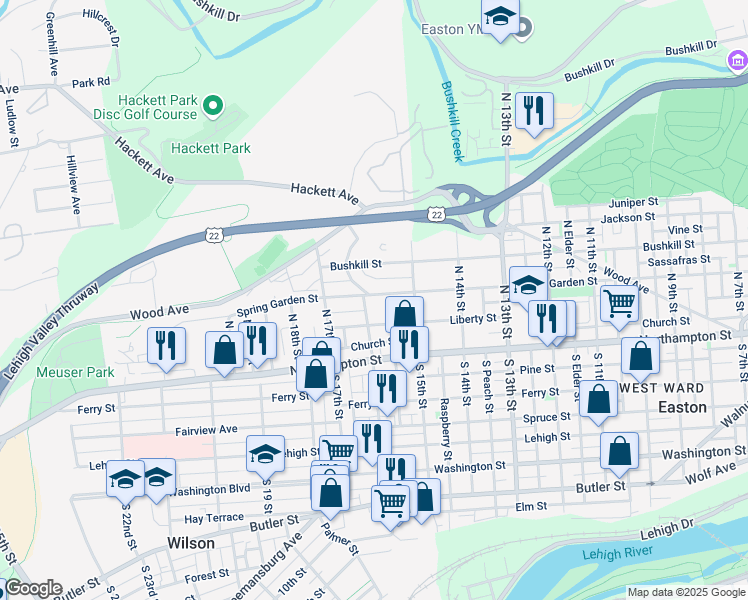 map of restaurants, bars, coffee shops, grocery stores, and more near 1546 Spring Garden Street in Easton