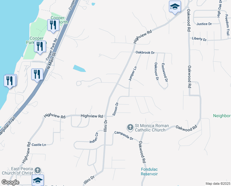 map of restaurants, bars, coffee shops, grocery stores, and more near 1312 Highview Road in East Peoria