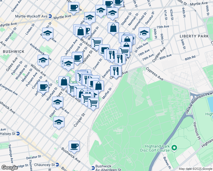 map of restaurants, bars, coffee shops, grocery stores, and more near 296 Cooper Street in Brooklyn