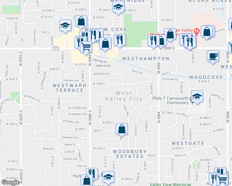 map of restaurants, bars, coffee shops, grocery stores, and more near 4634 Harman Drive in West Valley City