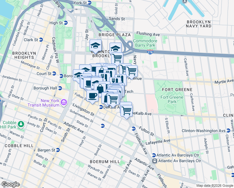 map of restaurants, bars, coffee shops, grocery stores, and more near 1 City Point in Brooklyn