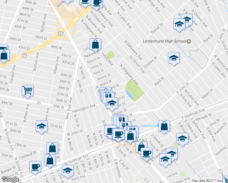 map of restaurants, bars, coffee shops, grocery stores, and more near 36 Gary Street in Lindenhurst